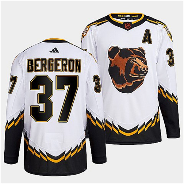 Men's Boston Bruins #37 Patrice Bergeron 2022 White Reverse Retro Stitched Jersey - Click Image to Close